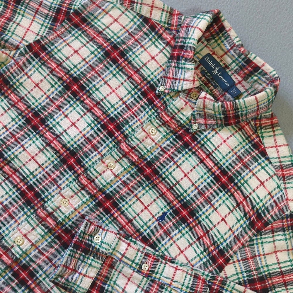 Ralph Lauren Classic Fit Plaid Flannel Shirt Mens Large Cream‎ Red Green Blue